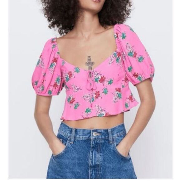 Zara Floral‎ Girly Crop Top Pink Medium - Picture 1 of 5
